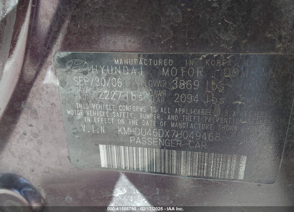 2007 HYUNDAI ELANTRA VIN: KMHDU46DX7U049468