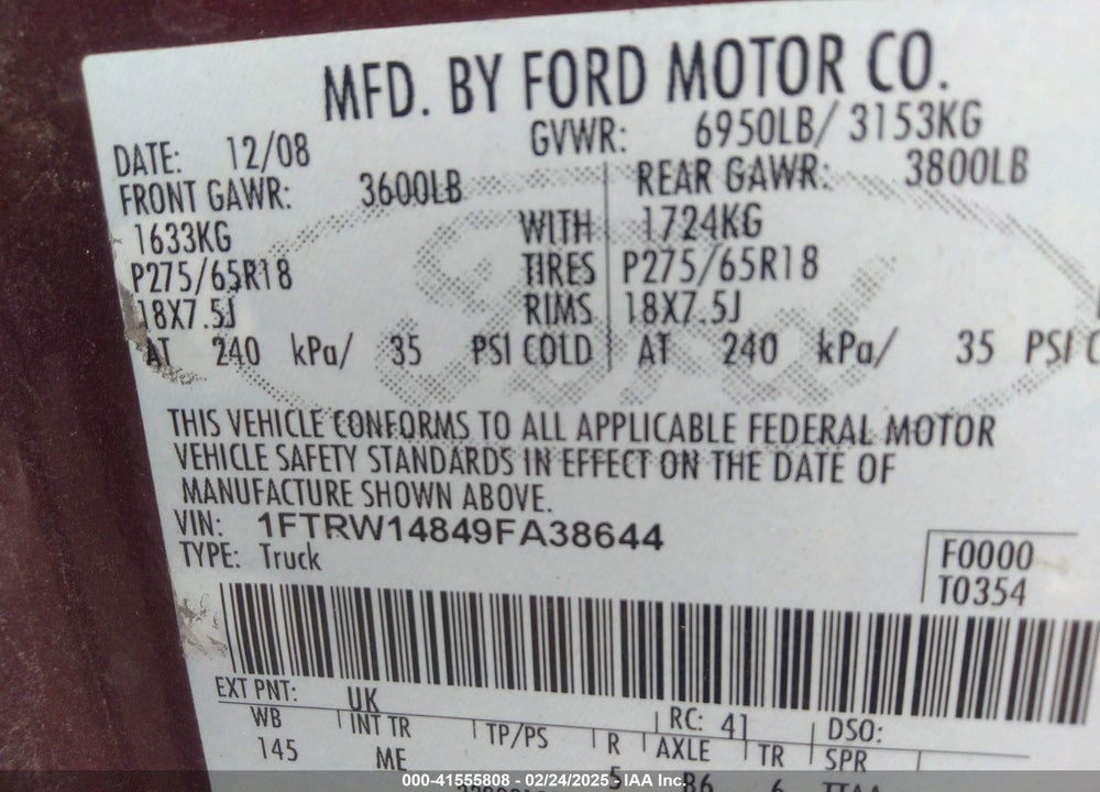 2009 FORD F-150 XL/XLT VIN: 1FTRW14849FA38644