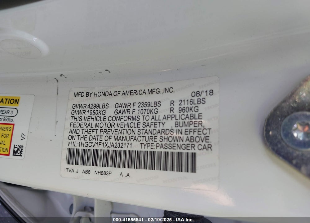 2018 HONDA ACCORD VIN: 1HGCV1F1XJA232171