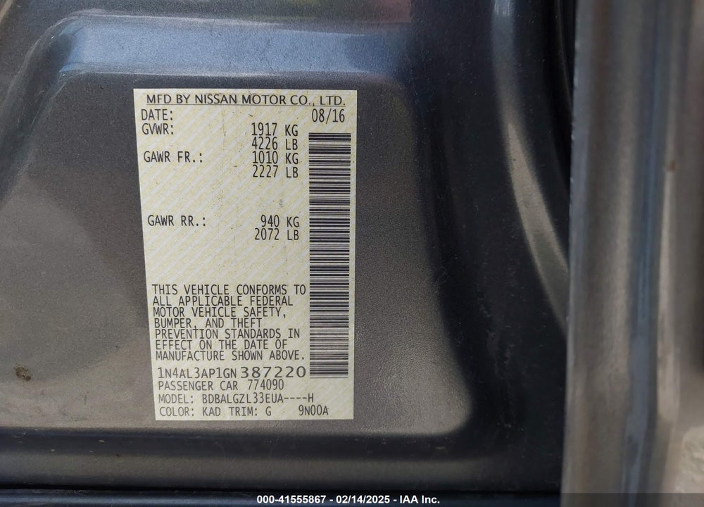 2016 NISSAN ALTIMA VIN: 1N4AL3AP1GN387220