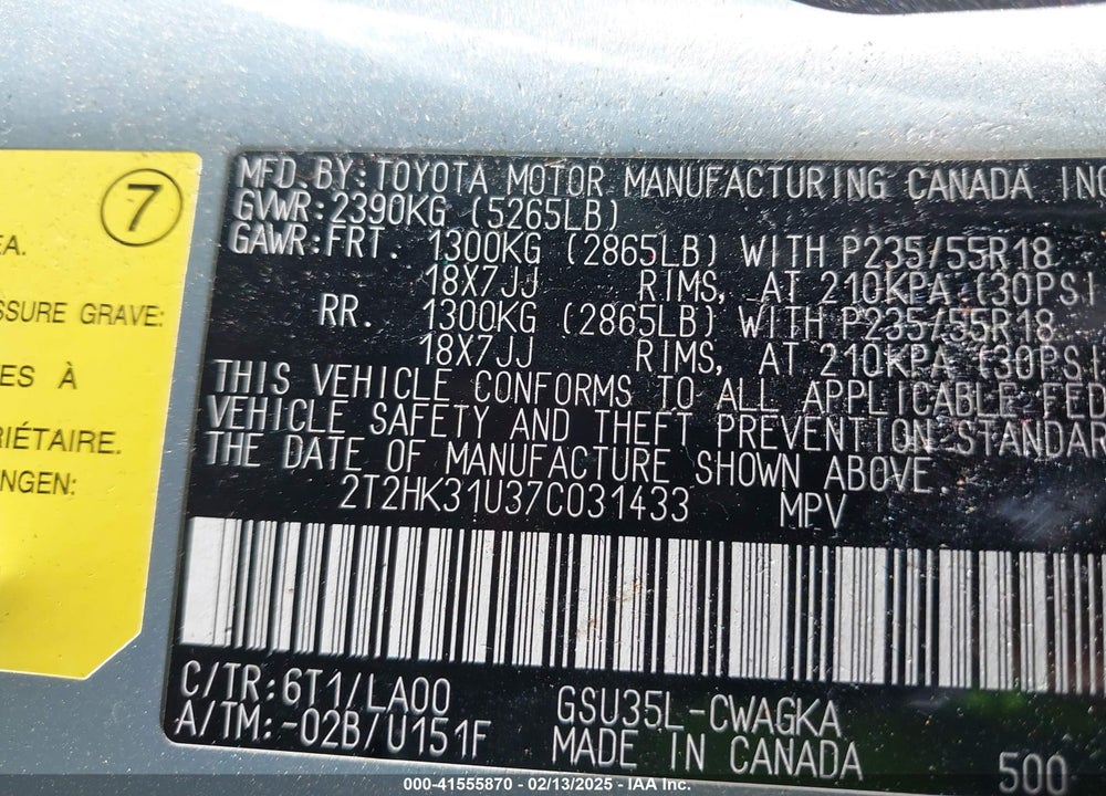 2007 LEXUS RX 350 VIN: 2T2HK31U37C031433