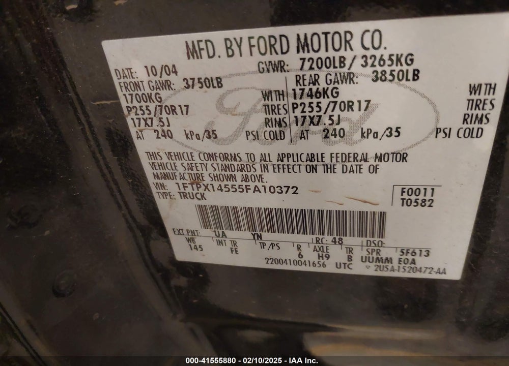 2005 FORD F-150 FX4/LARIAT/XL/XLT VIN: 1FTPX14555FA10372