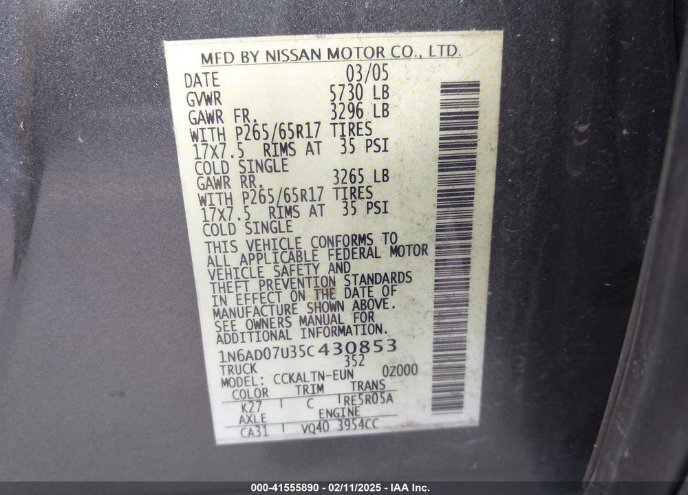 2005 NISSAN FRONTIER LE VIN: 1N6AD07U35C430853