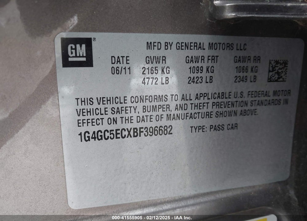 2011 BUICK LACROSSE VIN: 1G4GC5ECXBF396682