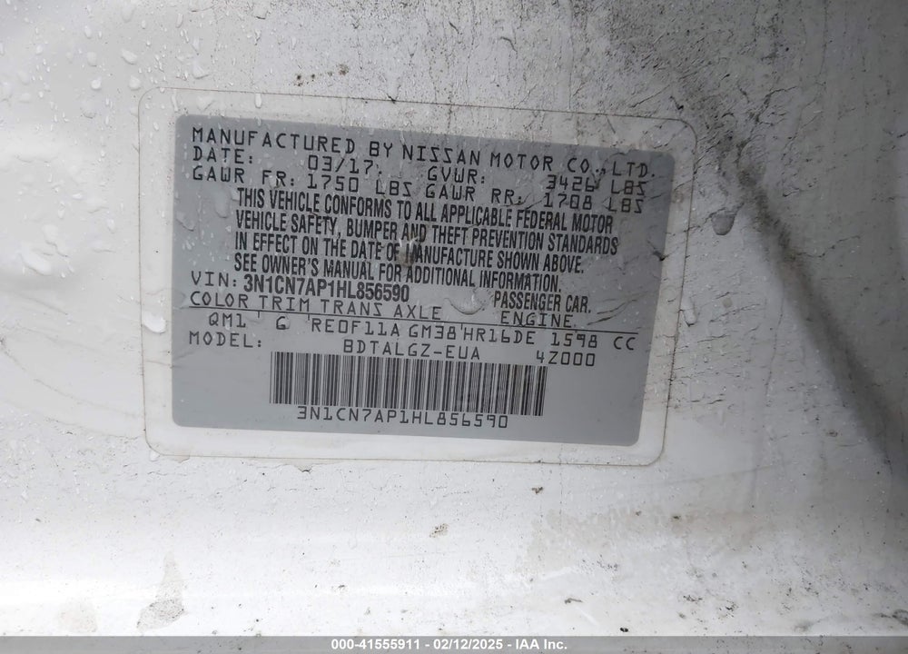 2017 NISSAN VERSA VIN: 3N1CN7AP1HL856590
