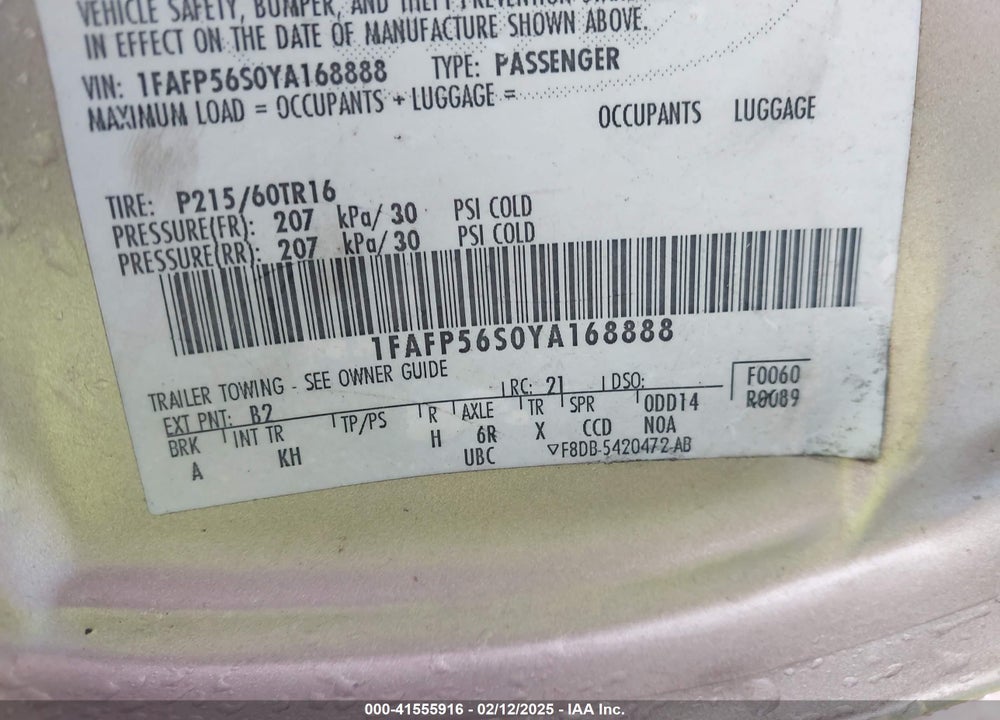 2000 FORD TAURUS SEL VIN: 1FAFP56S0YA168888