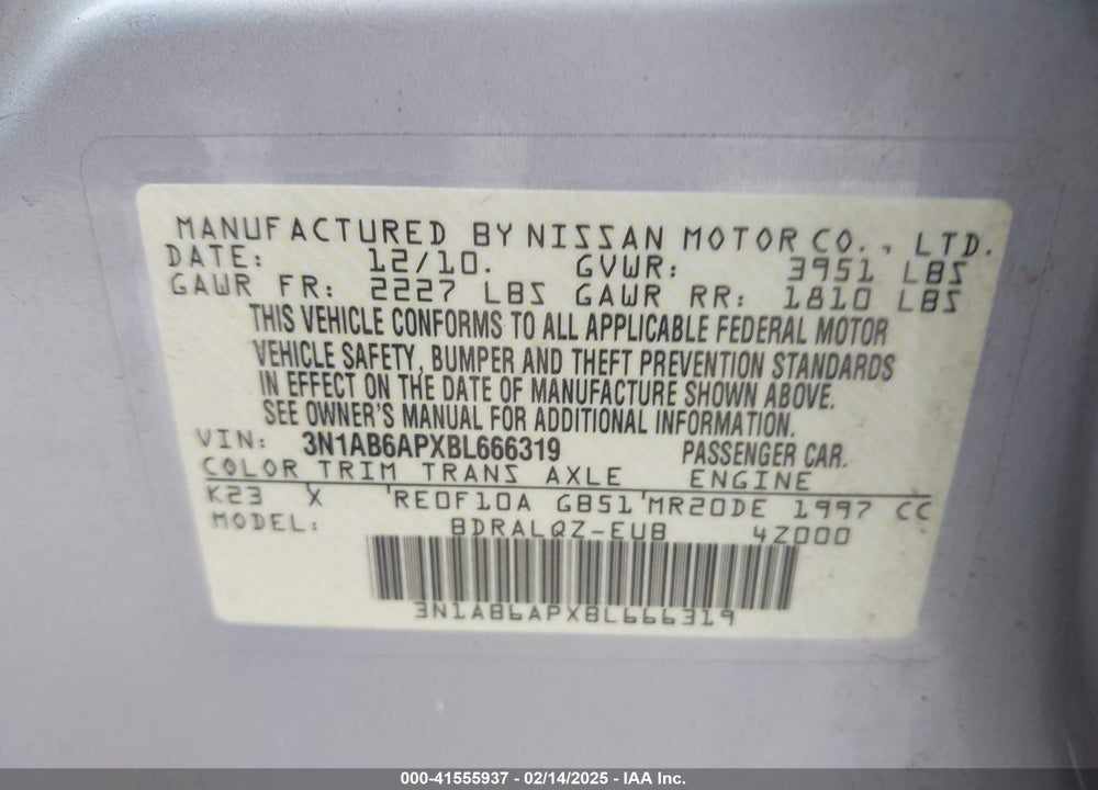 2011 NISSAN SENTRA VIN: 3N1AB6APXBL666319