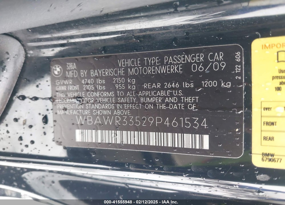 2009 BMW 328I VIN: WBAWR33529P461534