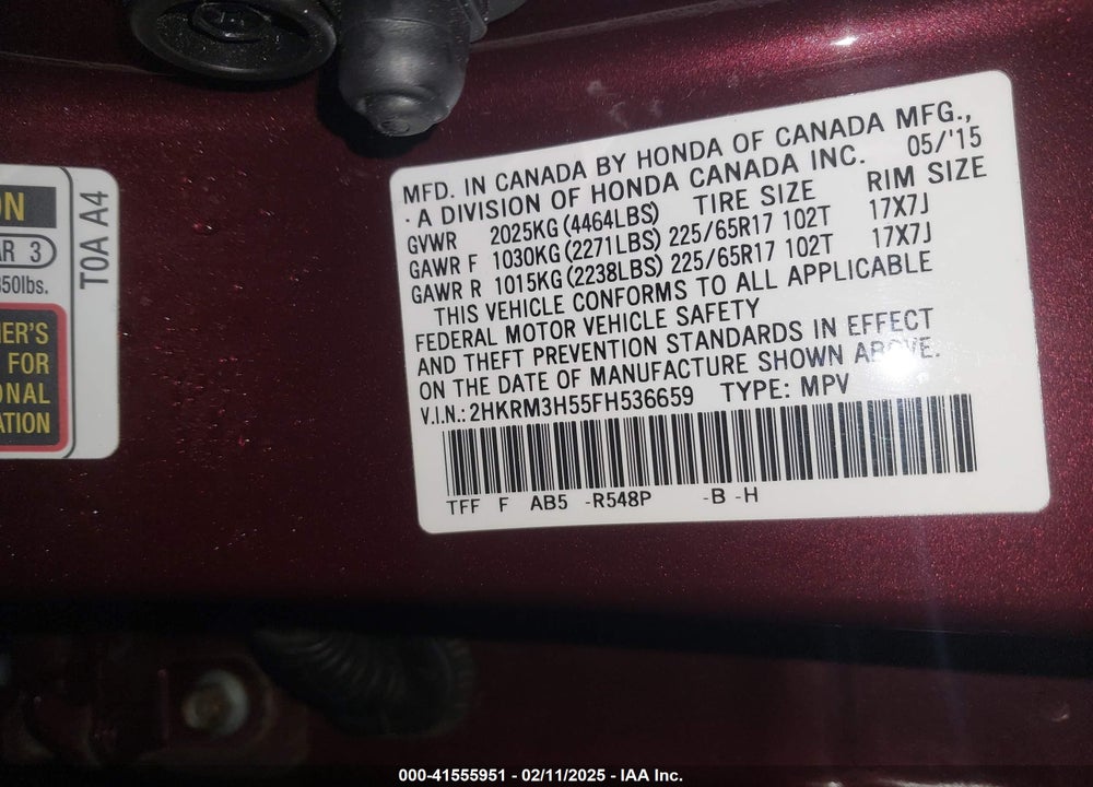 2015 HONDA CR-V EX VIN: 2HKRM3H55FH536659