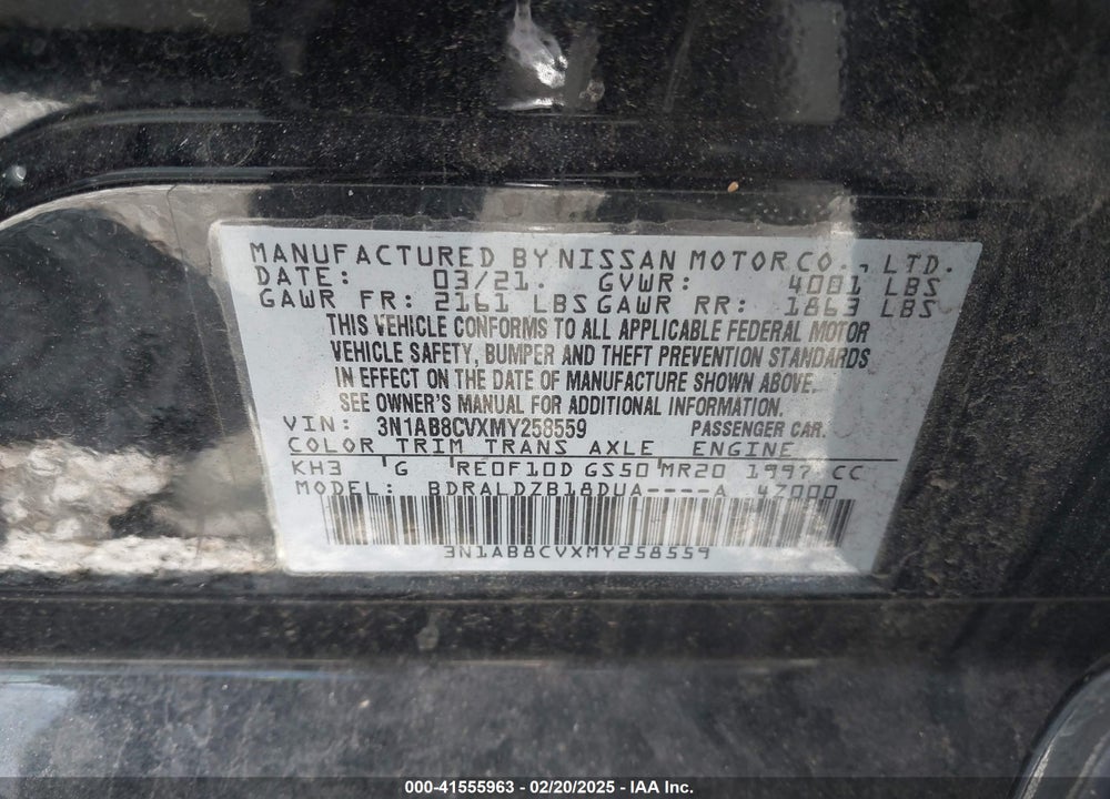 2021 NISSAN SENTRA VIN: 3N1AB8CVXMY258559