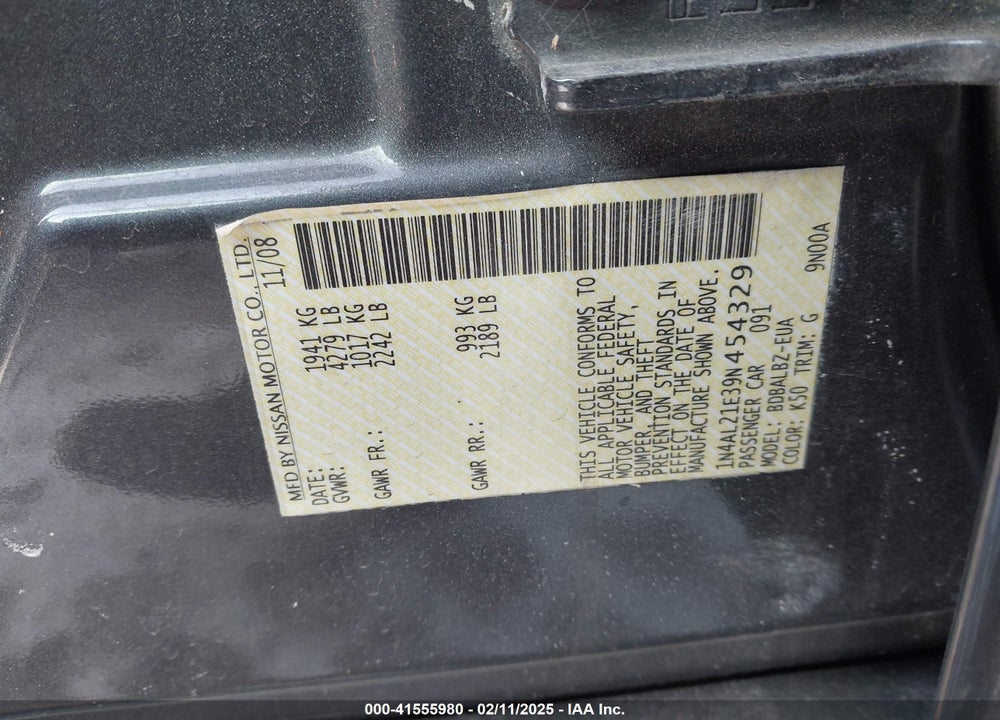 2009 NISSAN ALTIMA 2.5 S VIN: 1N4AL21E39N454329