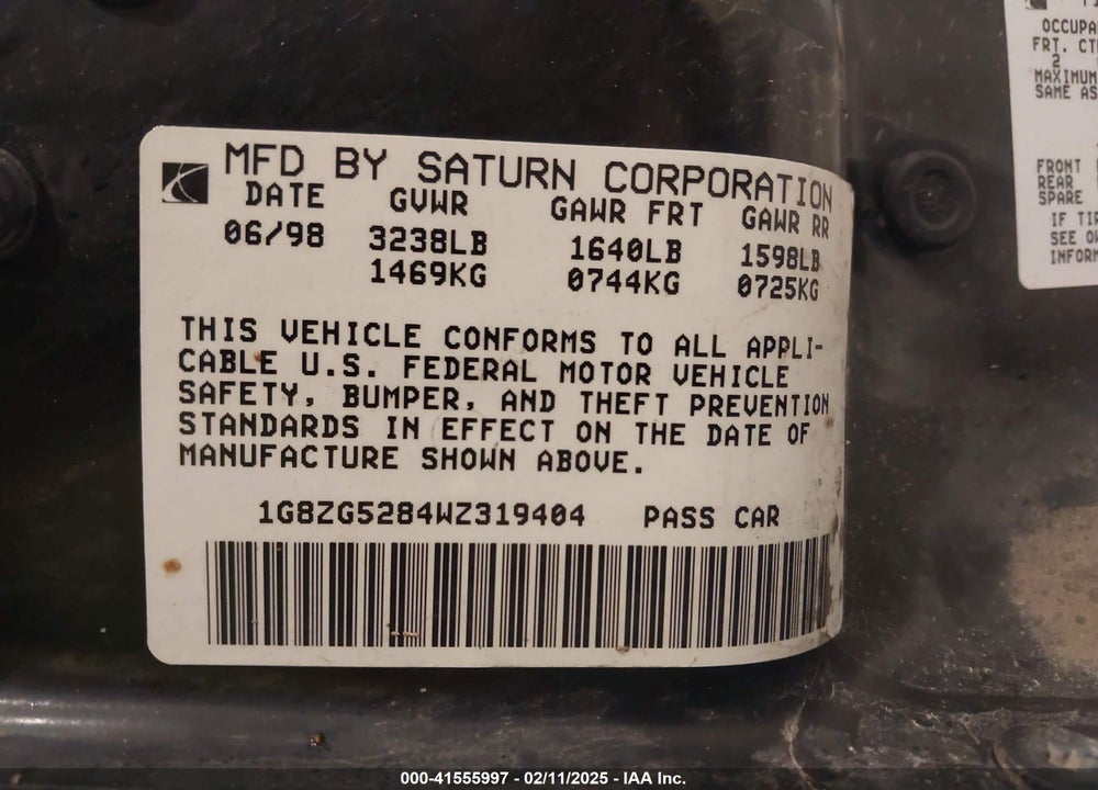 1998 SATURN SL1 VIN: 1G8ZG5284WZ319404
