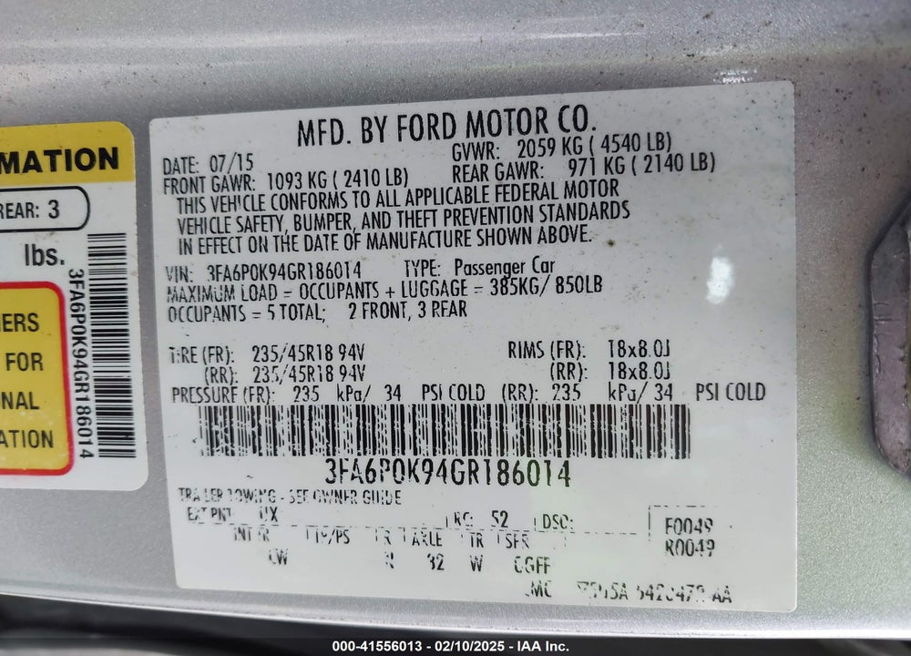 2016 FORD FUSION VIN: 3FA6P0K94GR186014