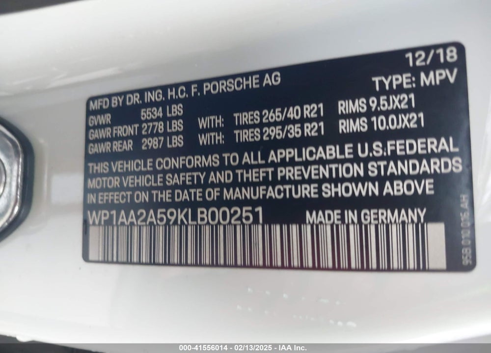2019 PORSCHE MACAN VIN: WP1AA2A59KLB00251