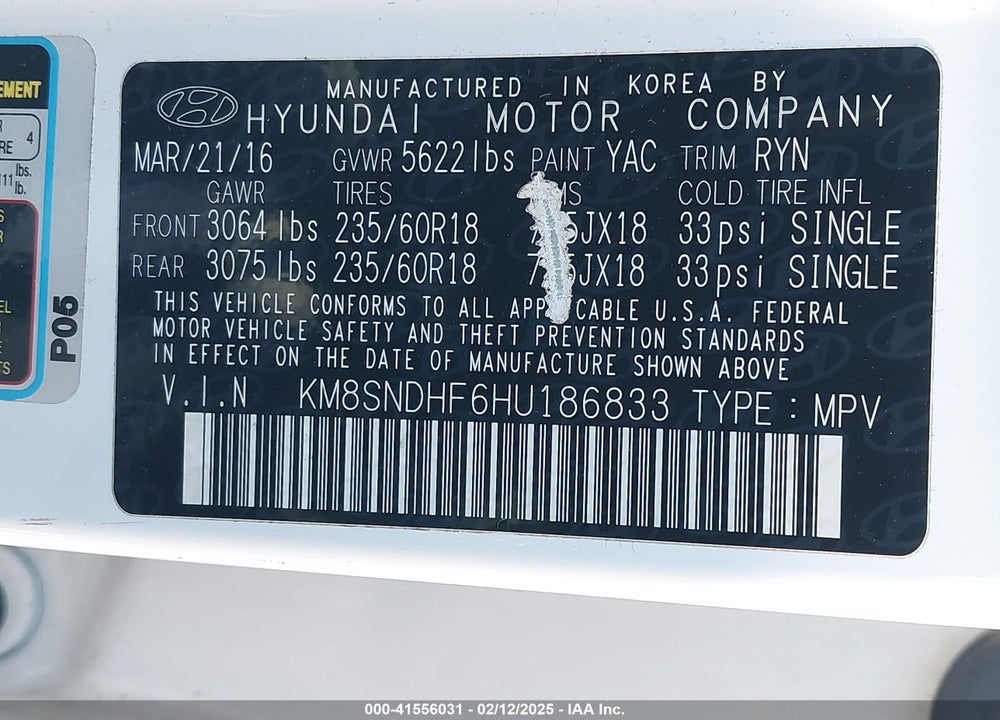 2017 HYUNDAI SANTA FE SE/LIMITED VIN: KM8SNDHF6HU186833
