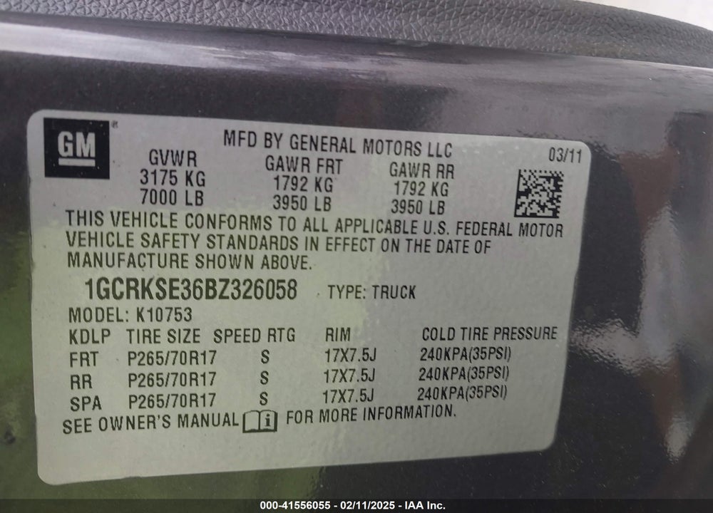 2011 CHEVROLET SILVERADO 1500 LT VIN: 1GCRKSE36BZ326058