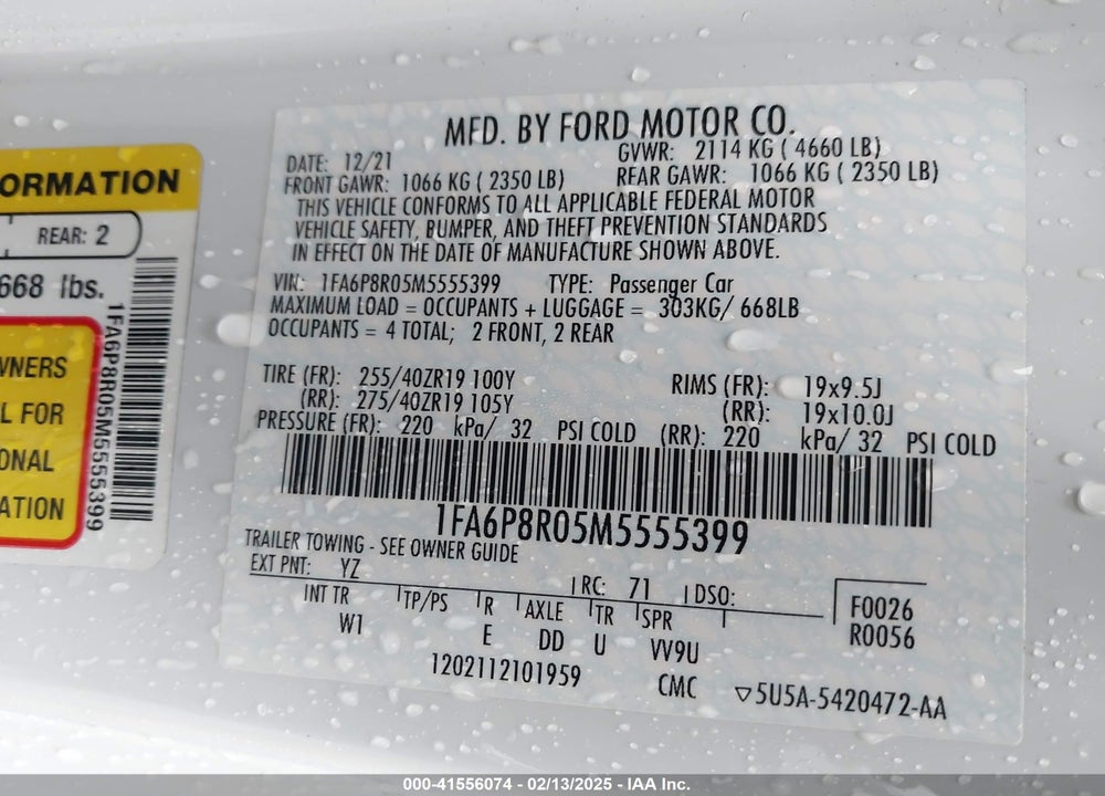 2021 FORD MUSTANG VIN: 1FA6P8R05M5555399