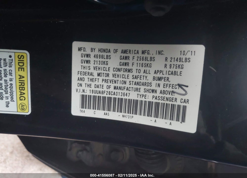 2012 ACURA TL VIN: 19UUA8F26CA013647
