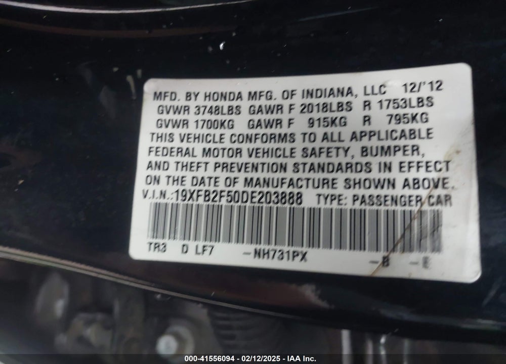 2013 HONDA CIVIC VIN: 19XFB2F50DE203888