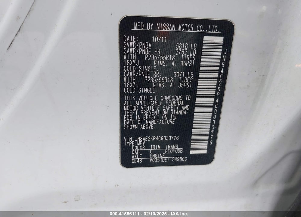 2012 NISSAN QUEST LE VIN: JN8AE2KP4C9033776