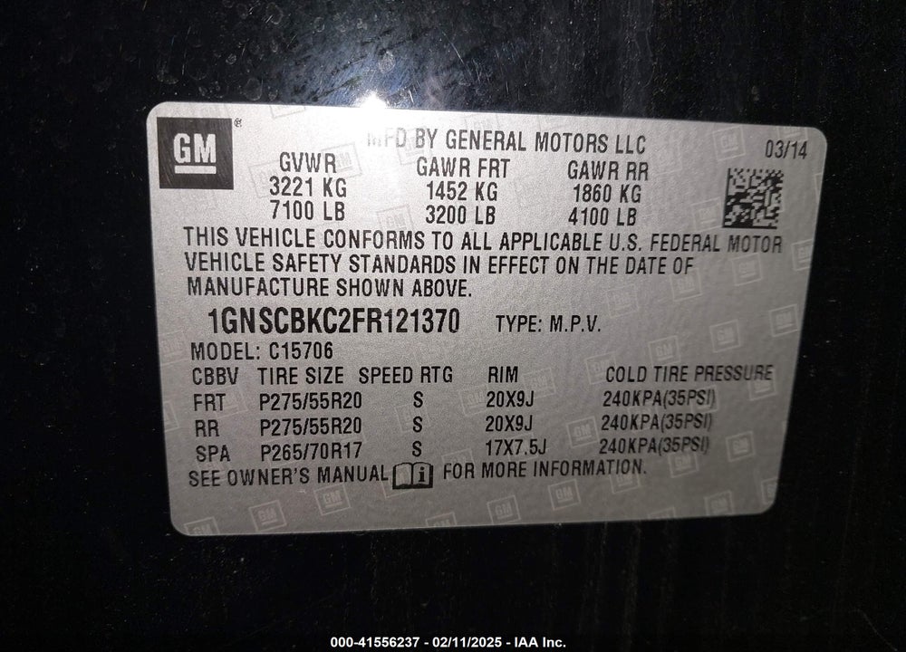 2015 CHEVROLET TAHOE LT VIN: 1GNSCBKC2FR121370
