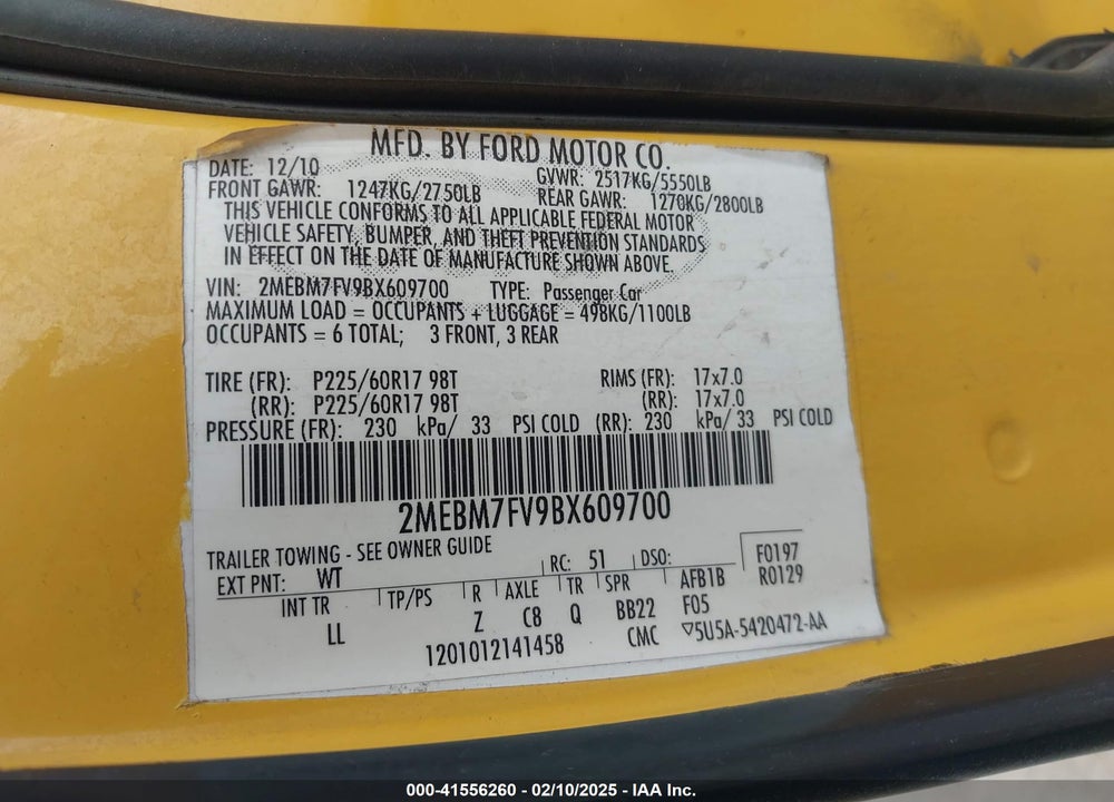 2011 MERCURY GRAND MARQUIS LS (FLEET ONLY) VIN: 2MEBM7FV9BX609700