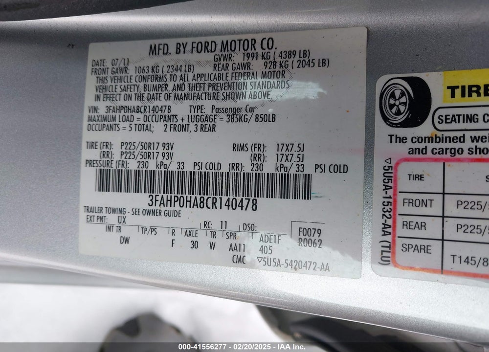 2012 FORD FUSION VIN: 3FAHP0HA8CR140478
