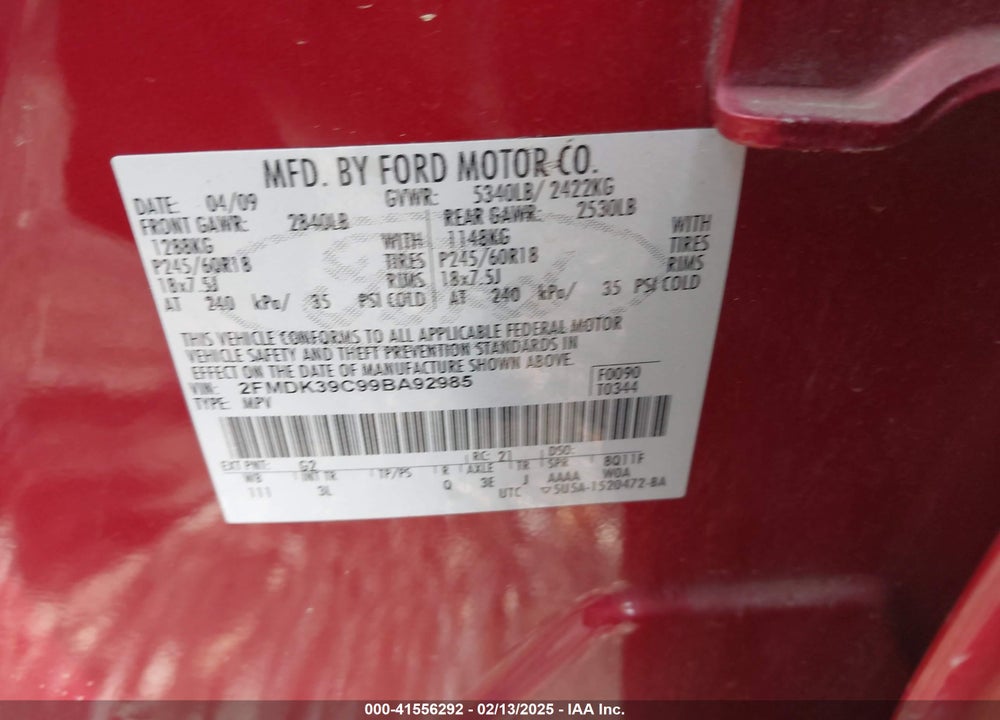 2009 FORD EDGE LIMITED VIN: 2FMDK39C99BA92985