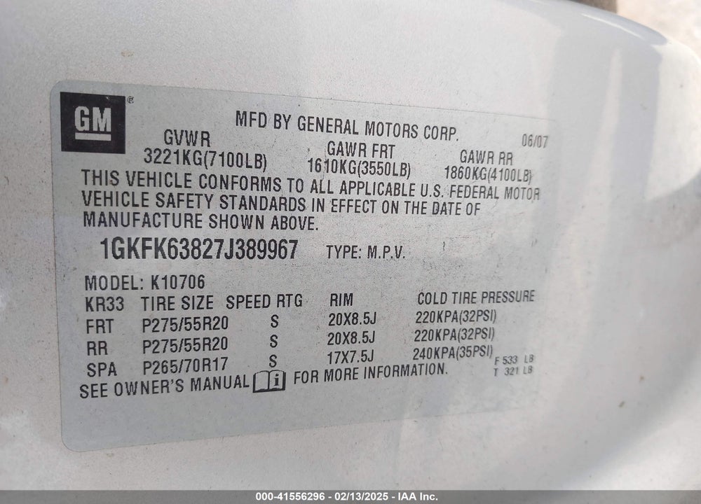 2007 GMC YUKON VIN: 1GKFK63827J389967