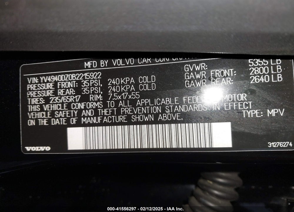 2011 VOLVO XC60 3.2 VIN: YV4940DZ0B2215922