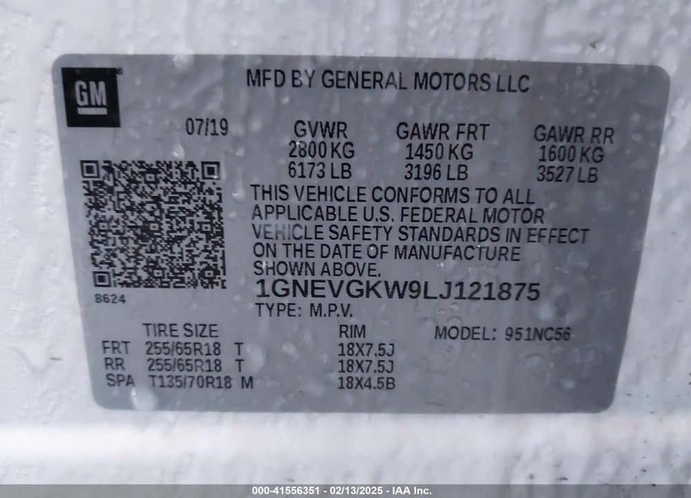 2020 CHEVROLET TRAVERSE VIN: 1GNEVGKW9LJ121875
