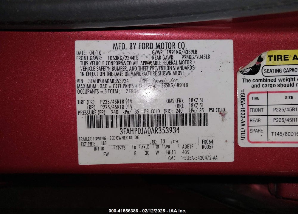 2010 FORD FUSION SEL VIN: 3FAHP0JA0AR353934