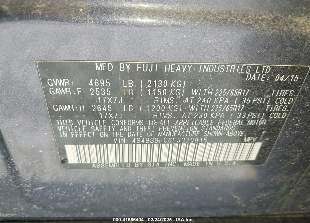 2015 SUBARU OUTBACK 2.5I PREMIUM VIN: 4S4BSBFC6F3320815