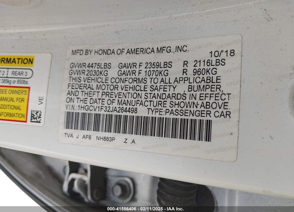 2018 HONDA ACCORD VIN: 1HGCV1F32JA264498