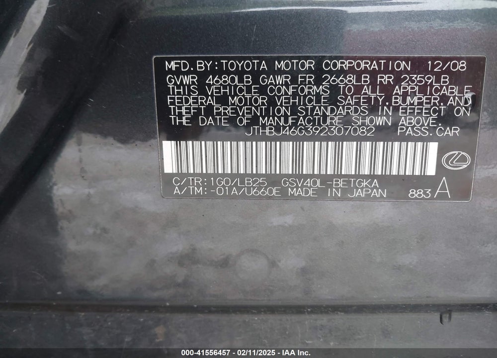 2009 LEXUS ES 350 VIN: JTHBJ46G392307082