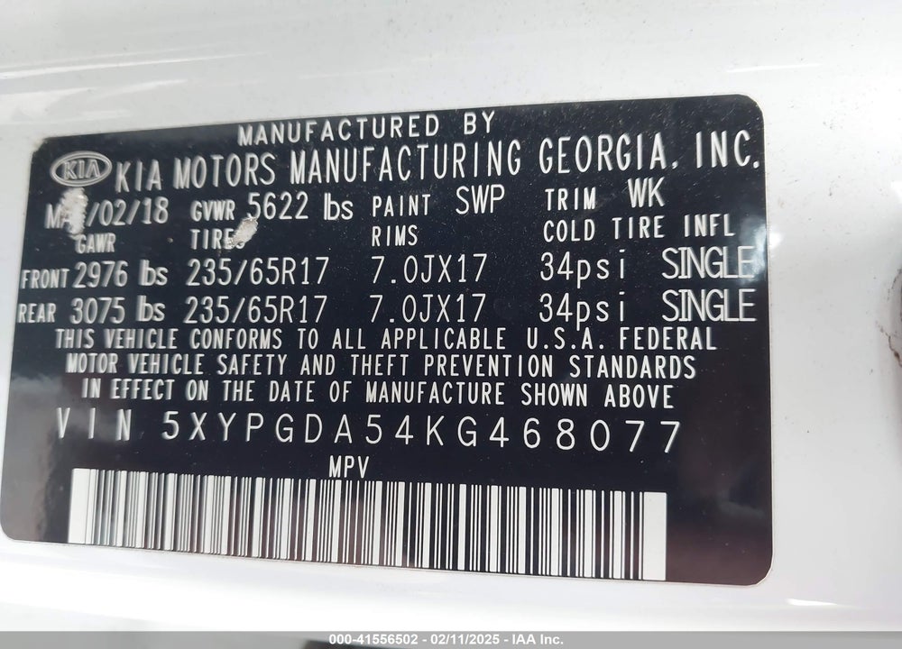 2019 KIA SORENTO VIN: 5XYPGDA54KG468077