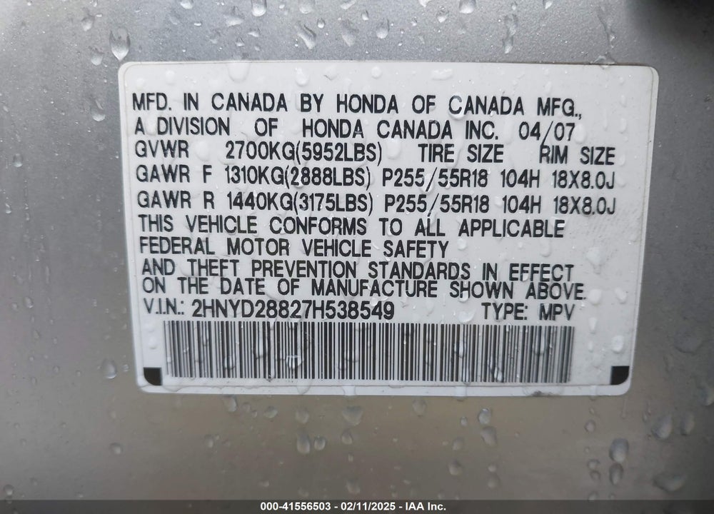 2007 ACURA MDX SPORT PACKAGE VIN: 2HNYD28827H538549