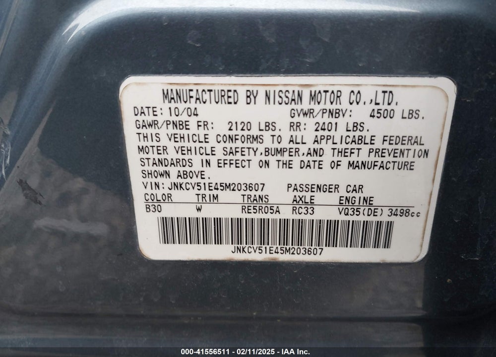 2005 INFINITI G35 VIN: JNKCV51E45M203607