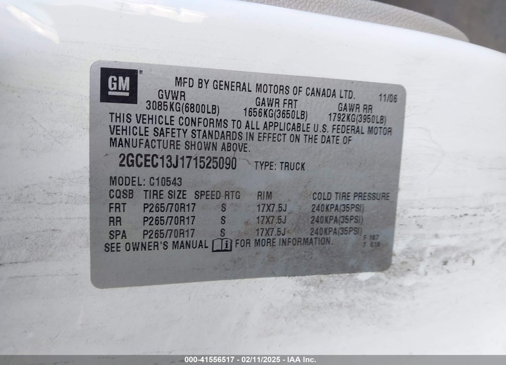 2007 CHEVROLET SILVERADO 1500 VIN: 2GCEC13J171525090