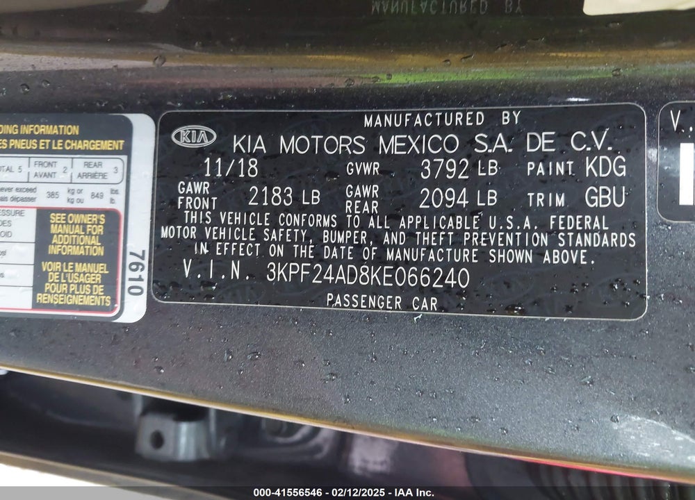 2019 KIA FORTE VIN: 3KPF24AD8KE066240