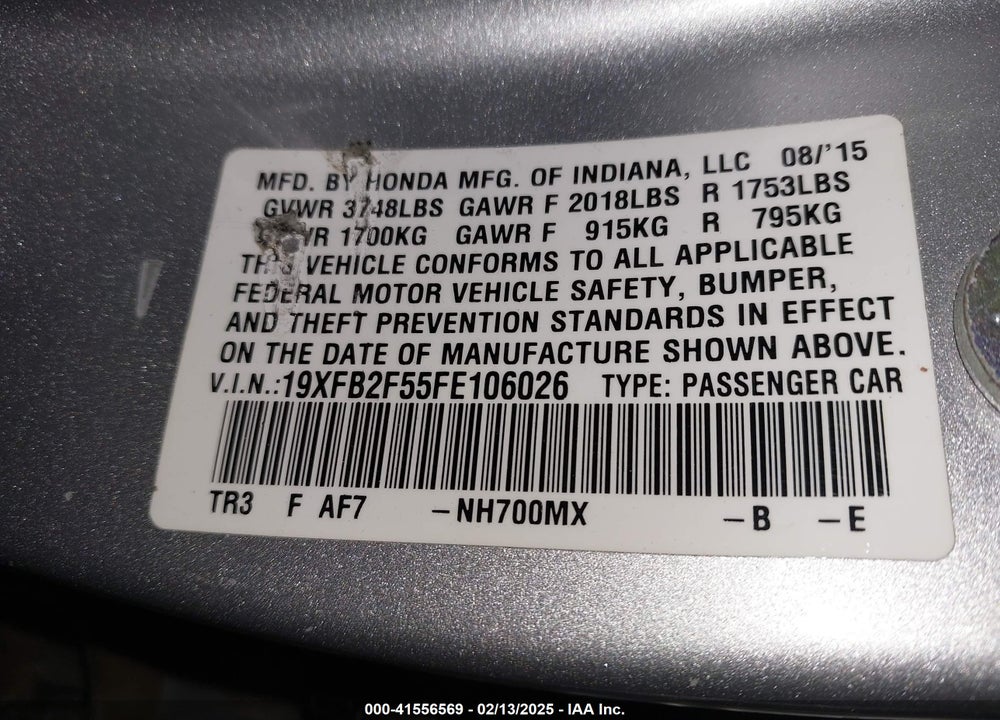 2015 HONDA CIVIC VIN: 19XFB2F55FE106026