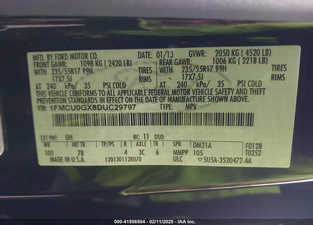2013 FORD ESCAPE VIN: 1FMCU0GX8DUC29797