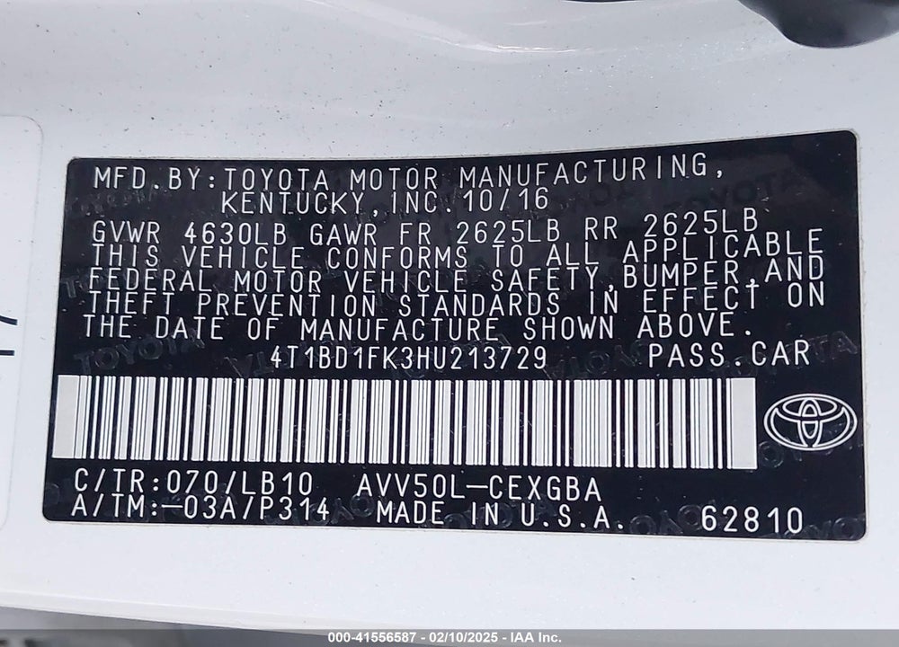 2017 TOYOTA CAMRY HYBRID VIN: 4T1BD1FK3HU213729