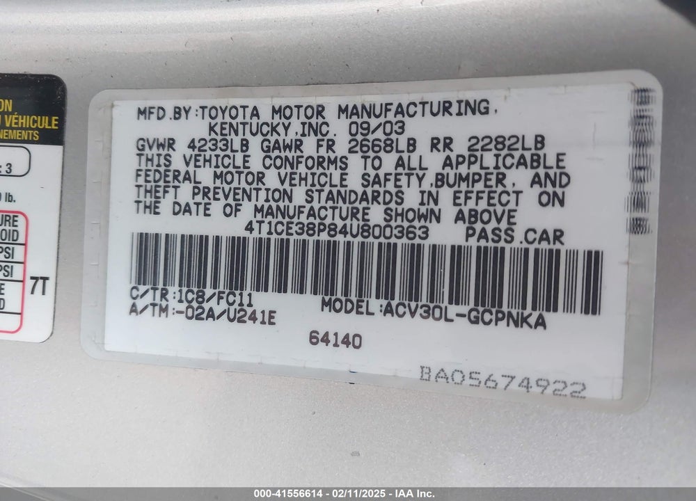 2004 TOYOTA CAMRY SOLARA SE SPORT VIN: 4T1CE38P84U800363
