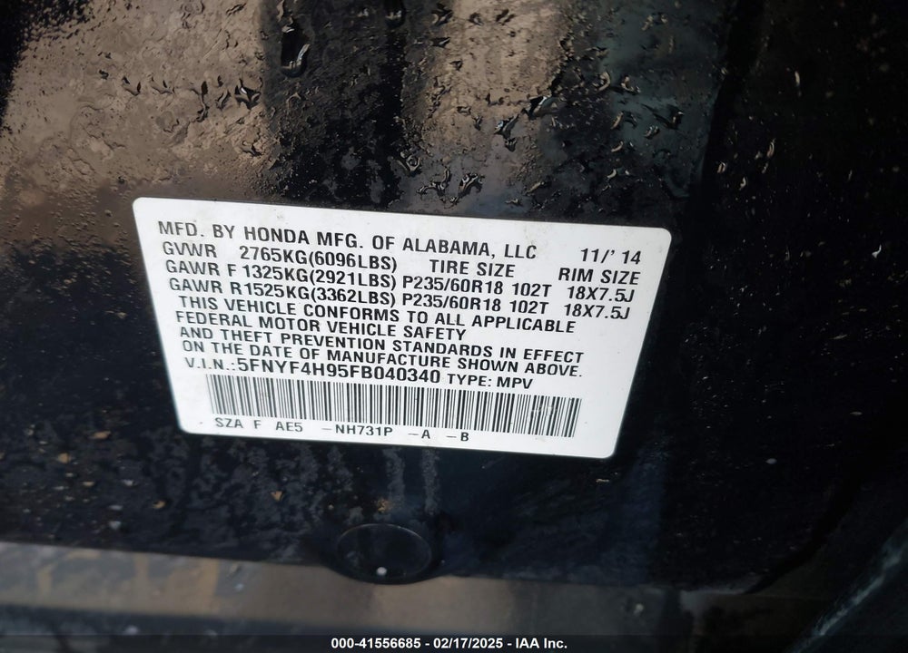 2015 HONDA PILOT TOURING VIN: 5FNYF4H95FB040340
