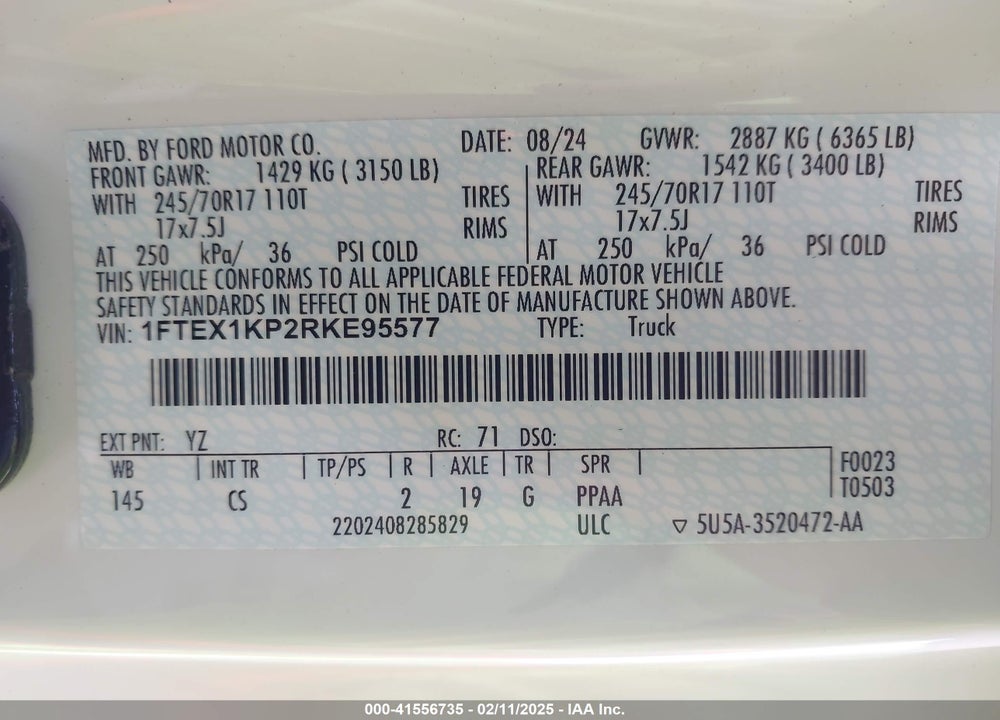 2024 FORD F-150 VIN: 1FTEX1KP2RKE95577