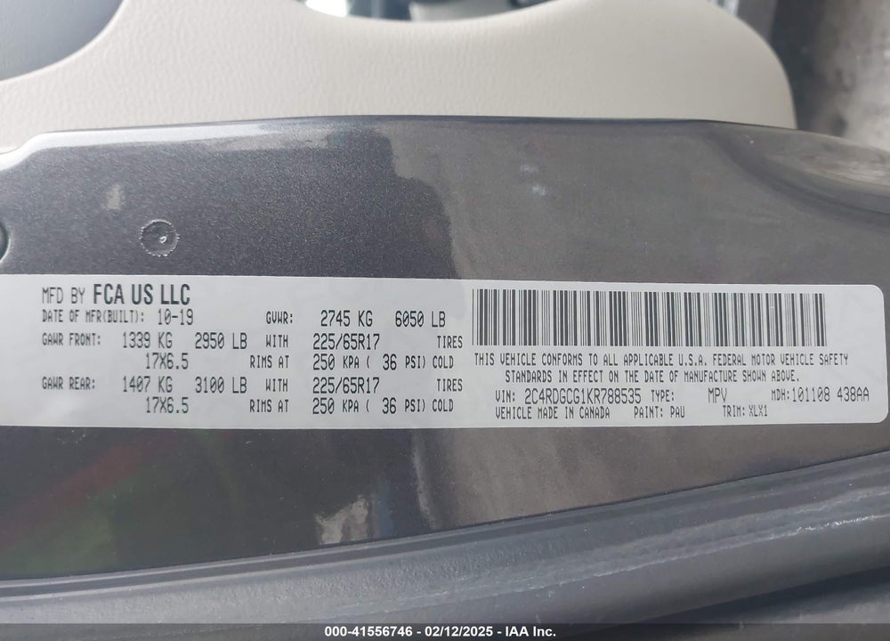 2019 DODGE GRAND CARAVAN SXT VIN: 2C4RDGCG1KR788535