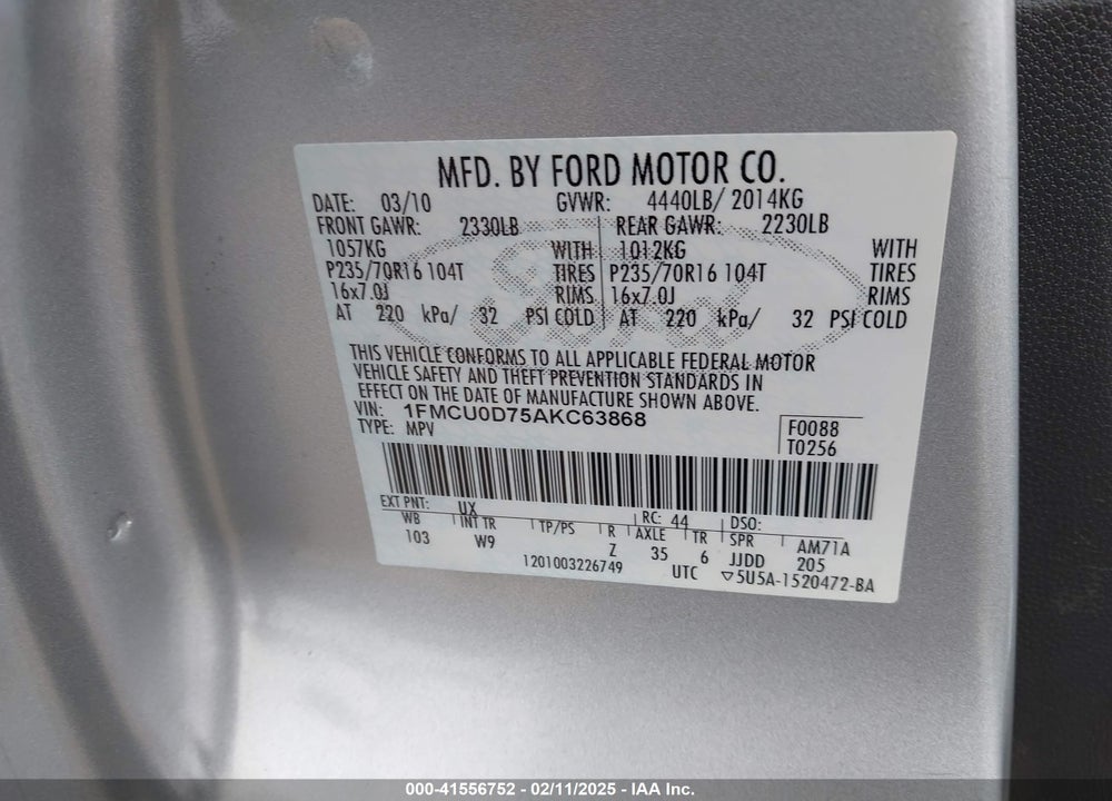 2010 FORD ESCAPE XLT VIN: 1FMCU0D75AKC63868