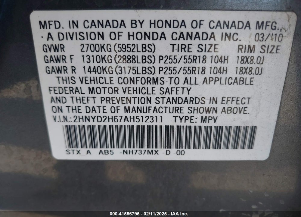 2010 ACURA MDX TECHNOLOGY PACKAGE VIN: 2HNYD2H67AH512311