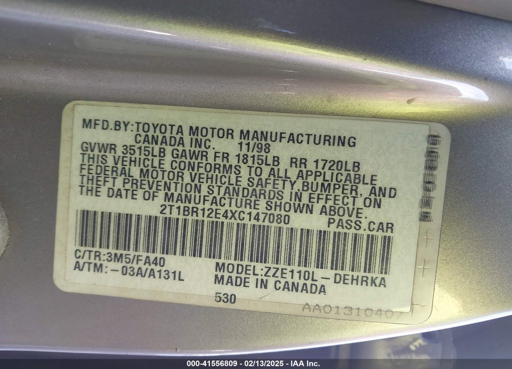 1999 TOYOTA COROLLA VE VIN: 2T1BR12E4XC147080